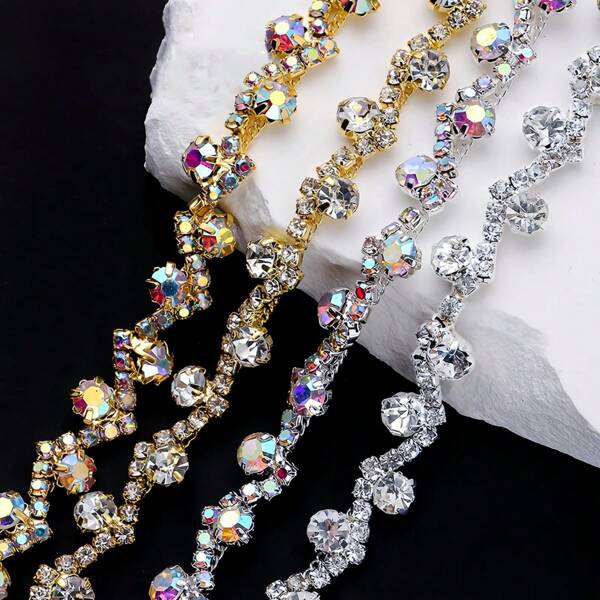 Sparkling Claw-Style Sewing Rhinestone Chain - 900mm/35.43" Glass Decorative Trim For Clothing Home Wedding DIY, Abaya Eid Decor,Mother's Day Easter Gifts (Golden/Silvery Base White & AB) - 4 Luxury Metallic Styles