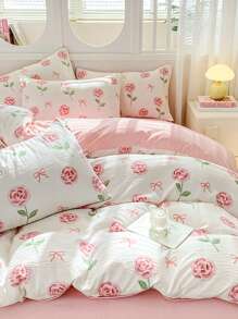 3pcs 100% Polyester Rose Floral Printed Bedding Set: 2 Pillowcases + 1 Duvet Cover - Multicolor - View 4