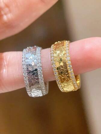 1st vintage kinesisk stil Rhinestone Iced Ring, tvåfärgad minimalistisk elegant gnistrande high-end ring lämplig för kvinnors dagliga klädsel, bröllop, fest, present