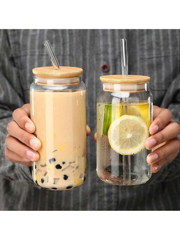 Transparent Glass Cup - Bamboo Lid With Straw - Clear Can Tumbler - Nordic Minimalist Style - Perfect For Summer Cold Drinks/Sparkling Water/Homemade Beverages - Fresh And Stylish