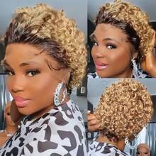 Pixie Cut Curly Human Hair Wigs Ginger 350 Short Curly Lace Front Human Hair Wigs For Women 6 Inch 13x1 Transparent Lace Frontal Wigs Water Wave Dark Rooted To Ginger Orange Color - T4/27 - 查看 8