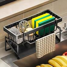 1Pcs Black Sink Tray, Sponge Draining Rack With Dishcloth Rack, RV Kitchen, Suitable For Family Scenes, Sink Storage Rack, For Sponge Dishwashing Soap Dishcloth Brush Cloth, Kitchen Countertop Storage Box, Kitchen Accessories - Black 1Pcs - View 1