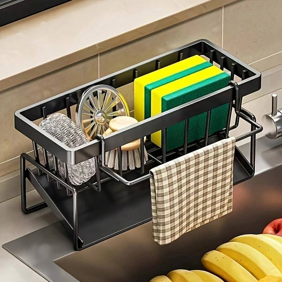 1Pcs Black Sink Tray, Sponge Draining Rack With Dishcloth Rack, RV Kitchen, Suitable For Family Scenes, Sink Storage Rack, For Sponge Dishwashing Soap Dishcloth Brush Cloth, Kitchen Countertop Storage Box, Kitchen Accessories - Black 1Pcs - View 1