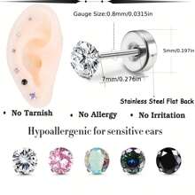 5 Pairs 4mm Gold Titanium Stud Earrings Women Men Stud Earrings For Sensitive Ears Rainbow 5A Cubic Zirconia Earrings Hypoallergenic 20G Flat Back Piercing Sleep Cartilage Earrings Set - 5 Pairs Of Mixed-color  Earrings - View 3