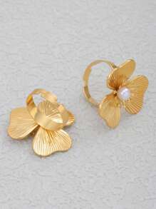 时尚优雅的女士不锈钢花卉可调节戒指 - 金黃色 - 查看 11