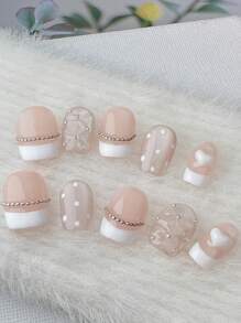 10pcs/Set Square Short Press-On Nails, Creamy Small French Press-On Nail Stickers With Pearlescent Embossed Texture, Heart Rhinestone Nails Gem Nail Accessories Removable DIY Gel Nail Set For Thanksgiving Holidays, Parties, Daily Wear Nail Art Supplies