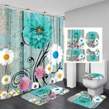 1 Stück / 4 Stücke farbenfrohe abstrakte Blumen Kunstwerke Multifunktions Badezimmer wasserdichter Duschvorhang mit 12 Haken, rutschfeste Badmatte, U-förmige Toilettenvorlage und runde Toilettendeckelabdeckung, Badezimmer Set für alle Szenarien Schulanfang