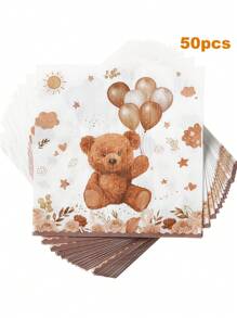 50pcs/25pcs, 13*13IN/33*33CM Brown Teddy Bear Themed Disposable Paper Napkins, Suitable For Various Theme Parties And Daily Use, Enhance The Festival Atmosphere