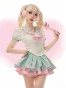 1pc Sweet Cute Girly JK School Uniform Set, Navy Collar Bow Decor Top And Pleated Contrast Color Skirt, Suitable For Photoshoot, Cosplay Halloween