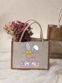 1pc Customized Name Canvas Bag, Easter Bunny Gift Bag, Easter Egg Storage Bag, Fashion Versatile Linen Bag For Beach Holiday, Wedding Party Favor Bag, Large Capacity Shoulder Tote Bag For Work And Daily Use, Suitable As Gift For Family, Friends, Christmas, Easter, Spring Festival, Mother's Day, Women's Day, Valentine's Day, Teacher's Day, Nurse's Day, Birthday - Multicolor - View 5