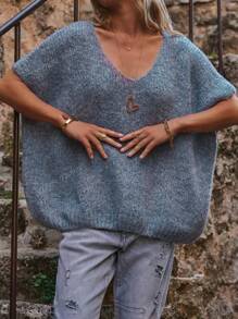 [Tops] French Elegant V-Neck Pullover Sweater For Women, Loose Casual Knitted Outerwear For Autumn/Winter