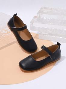 1 Pair Girls' Black Flat Shoes, Pu Hook And Loop Adjustable Size Design Round Toe TPR Non-Slip Lightweight Comfortable Solid Color Fashion Ballet Flats, Suitable For 5-14 Years Old Elementary & Middle School Students, All Season School, Formal Occasions, Performances - Black - View 6