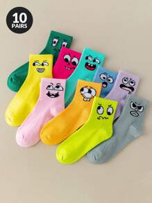 1/3/5/10/15/20 pares de calcetines de tripulación con estampado de rostros de dibujos animados divertidos para hombres, calcetines de moda para uso diario