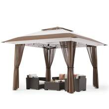 13x13 Pop Up Gazebo Tent With Mosquito Netting, Outoor Canopy Tent With 4 Sandbags, 8 Stakes, 4 Ropes, Roller Bag, Pop Up Canopy Tent For Lawn Backyard Garden Deck,Outdoor Furniture - 米色 - 查看 2