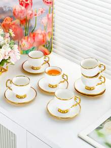 1 Set, 6 Cups And 6 Saucers, Turkish Coffee Cups And Water Glasses, English Afternoon Tea Set, With Handles, Heat-Resistant, Golden Luxury, Suitable For Restaurants, Homes And Offices, A Great Gift Choice For Family, Friends And Loved Ones