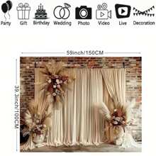 1pc Bohemian Style Wedding Photography Background Vintage Brick Wall Beige Floral Curtains Decor Wedding Studio Photography Background Decoration Banner Vinyl