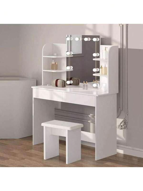 OYAJIA OYAJIA Schminktisch mit LED-Beleuchtung, Frisiertisch mit Spiegel, Kosmetiktisch mit 2 Schubladen und 4 offene Ablagen, Make-up Tisch Modern für Schlafzimmer aus Holz, Weiß