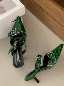 Double Buckle Pointed Toe Leopard Print High Heel Mule Backless Slippers For Women