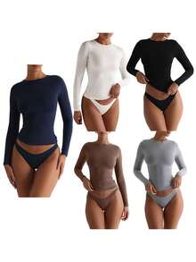Women T-shirt Long Sleeve Crew Neck Solid Color Slim Fit Ladies Fall Tops Streetwear - Azul marino - Ver 4
