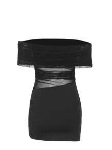 WOWDARK 女款优雅单肩网眼迷你连衣裙，秋季