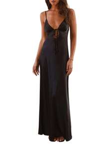 Women Y2k Spaghetti Strap Maxi Dress V Neck Tie Front Cutout Long Cami Dress Sleeveless Backless Party Wedding Dress - 黑色 - 查看 2