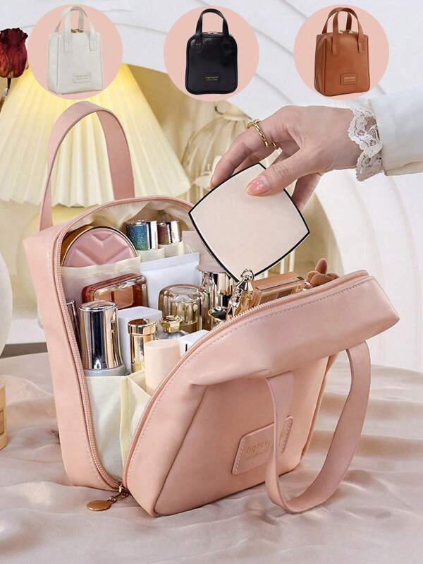 1pc Handheld PU Leather Makeup Bag, Waterproof PU Leather Cosmetic Bag, Portable Toiletry Bag, Makeup Organizer Bag, Multifunctional Travel Makeup Bag, Large Capacity Waterproof Portable Toiletry Bag, Perfect Makeup Storage Bag