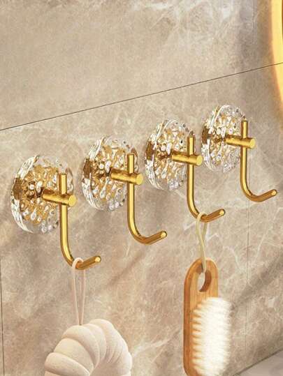 1/4pcs Of Luxury Wall-Mounted Coat Hooks For Home Decoration - Crystal Acrylic Metal Hooks, Self-Adhesive Towel And Bathrobe Hooks, No Need For Drilling, Multi-Functional, Suitable For Kitchen And Bathroom Accessories, Bathroom Storage Hooks