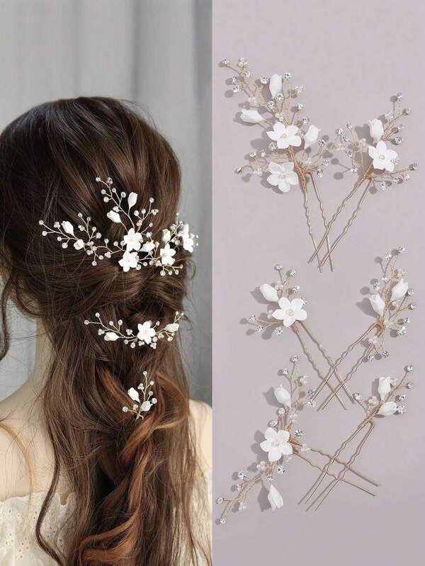 1pc Rhinestone Pearl Hair Pins, 3D Pinch White Flower Bridal Handmade Sparkling Fairy Bride Wedding Hair Pieces Leaf U Shaped Hair Accessories Headpiece Bridesmaids Flower Girls Gold