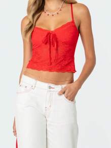 Women Floral Lace Trim Cami Tank Top Spaghetti Strap Backless Camisole Y2k Sleeveless Slim Fit Going Out Top Shirt - Red - View 1
