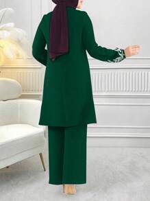 Women's Plant Pattern Long Sleeve Shirt And Pants Arabic Style 2 Pieces Set,Modest - Dark Green - View 4