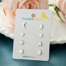 4 paires / lot Boucles d'oreilles géométriques en acier inoxydable mode, en forme de coeurs, de lune et rondes. Bijoux pour femmes, cadeaux pour fête, amis, mariage