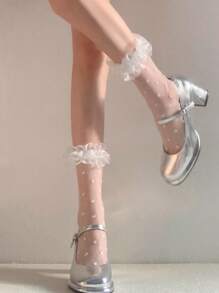 1 Pair Women's Lolita Style Polka Dot Ruffle White Crew Socks
