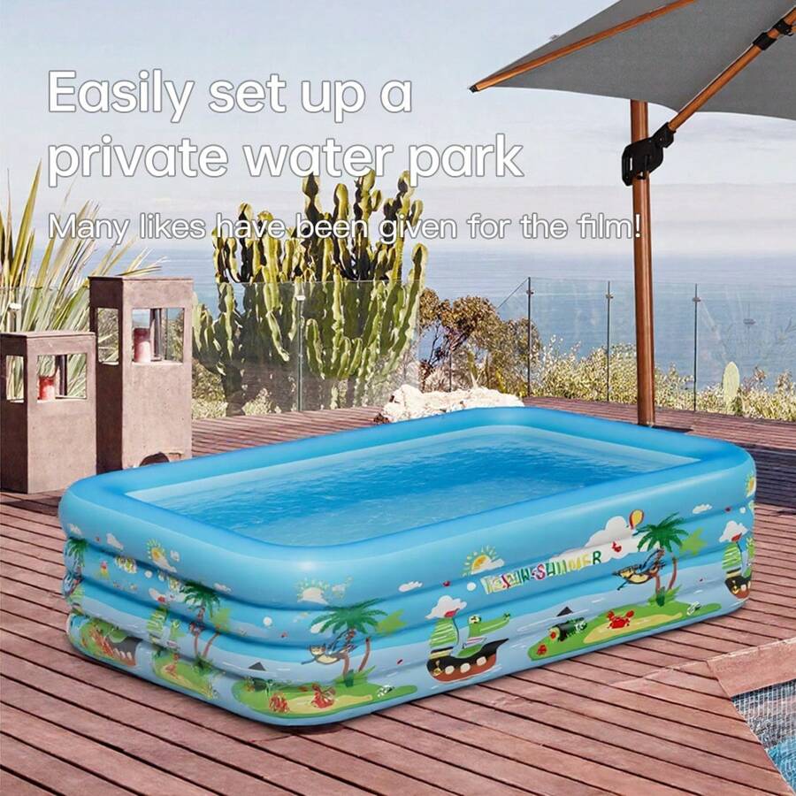 1pc Large 3-Ring Inflatable Swimming Pool, Bright Cartoon Print, Suitable For Whole Family, Versatile Entertainment Equipment For Yard, Durable, Easy Installation, Space-Saving, Portable, Can Be Used For Sand Play, Water, Raising Fish, An Excellent Gift