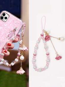 1 pieza Correa de muñeca decorada con flor de cristal de lujo y cuentas, muñequera corta con rhinestones para mujer, accesorio para teléfono, cámara, USB, llaves, estuche de teléfono, regalo para madre, familia, amigos, cumpleaños, vacaciones