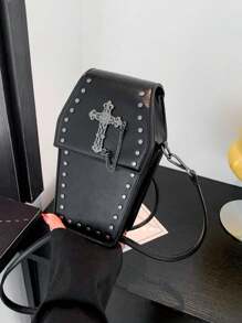 Gothic Punk Style Rivet Skull Cross Small Bag, Personalized Y2K Crossbody Bag - Black - View 1