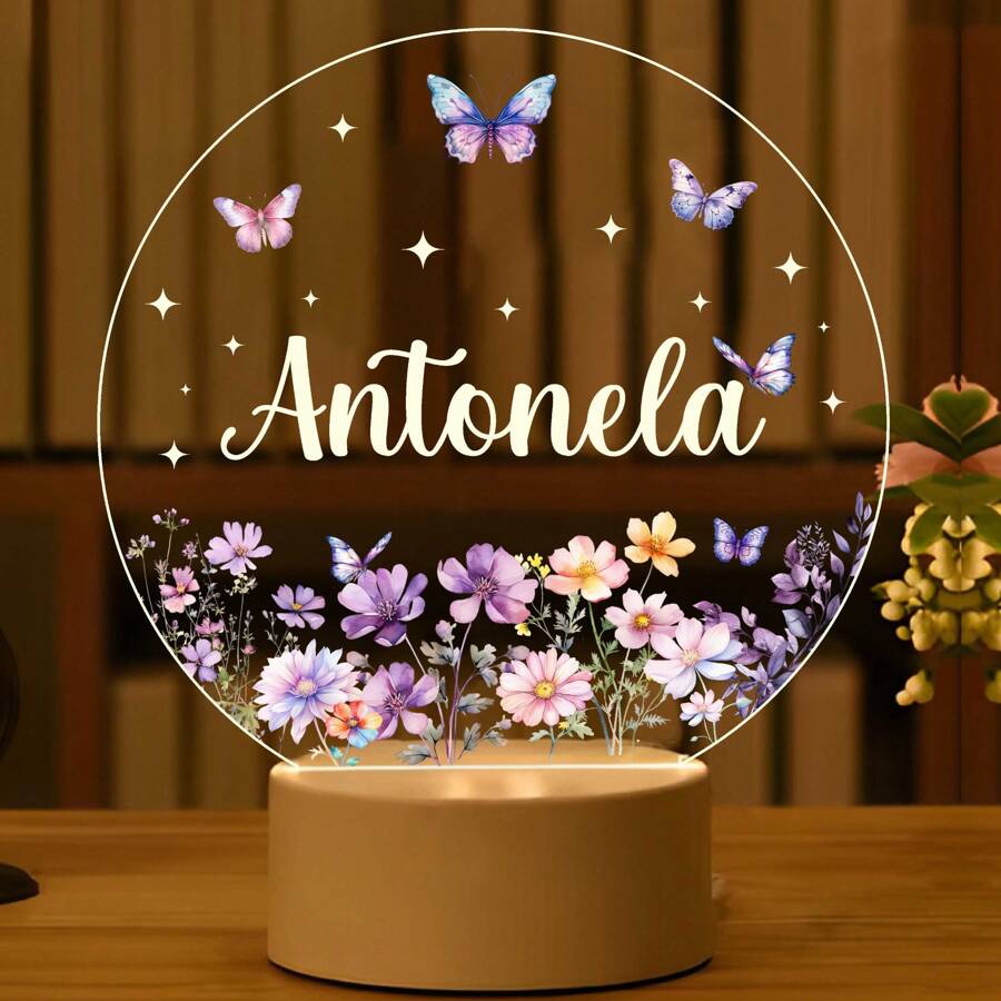 LED Light Personalized Name, Flower, Butterfly, Child, Decoration, Baby, Acrylic, Girl - 7 RGB Colors - View 1