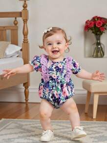 2Pcs Baby Girls Rompers Floral Print Lace Ruffles Round Neck Short Sleeve Infant Bodysuits Jumpsuits - Purple - View 2