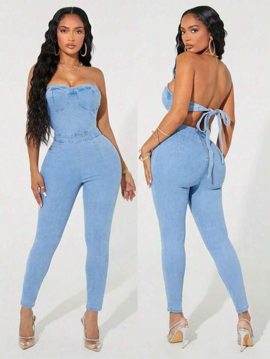 Jumper de Mezclilla Strapless con Cintas en Espalda y Cierre. - Azul - Ver 1