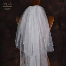 1 pieza Velo nupcial de doble capa con perlas falsas completas / Estilo romántico y adorable para mujeres / Adecuado para ceremonias de boda, disfraces de novia, actuaciones en el escenario y días festivos