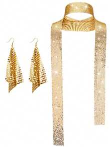 Forever & Moment 2pcs Women'S Disco Accessories From The 70s, Disco Sequin Scarf, Imitation Diamond Pendant