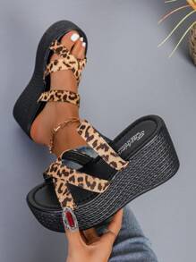 Women's Leopard Print Cross Strap Wedge Sandals, 2025 New Summer Open Toe Non-Slip Platform Sandals
