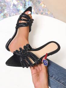 Rhinestone Pointed-Toe Slippers, Shiny New Brand Fashionable Casual H-Shape Strap Slides, For Spring/Summer - Black - View 2