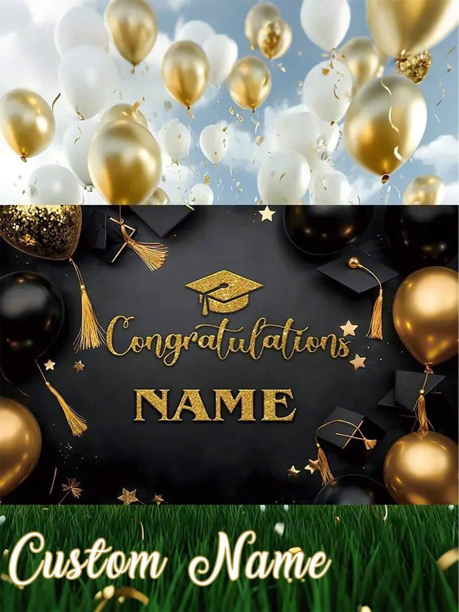 1pc - Customized Graduation Backdrop, Can Customize 2025 Graduation Banner - Black And Gold Polyester Background With Shiny "Congratulations" Design, Ideal For Graduation Celebration - Multicolor - View 1