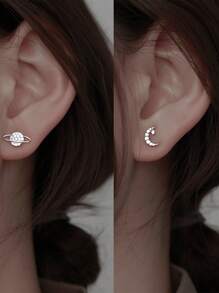 1 Pair 925 Sterling Silver Asymmetric Moon & Star Stud Earrings, Unique Personalized Design Small Earrings, Suitable For Party Events, Holiday Gifts