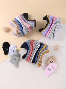 10對兒童隨機顏色實色微笑臉設計運動中筒可愛襪子,適用於日常穿著 - 彩色 - 查看 10