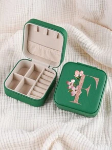 1pc Caixa de joias rosa com flores rosas, caixa de joias de viagem da moda com letras de ouro rosa, caixa de joias de viagem de presente personalizada, presentes de aniversário para mulheres, presentes de Natal para meninas adolescentes, iniciais, caixa de joias de viagem A-Z