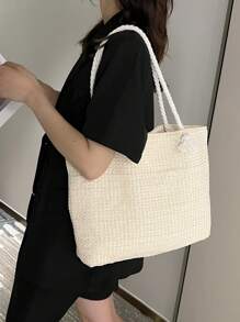 Women's Summer Straw Woven Tote Bag, Large Capacity Shoulder Hand Bag, Eye-Catching Beach Bag Summer, Summer Straw Beach Bag For Women, Hottest Beach Bags For Women, Fashion Summer Vacation Bag, Beach Essentials Women Bags For Vacation & Holiday, Newest Holiday Bag , Beach Bag - Beige - View 7