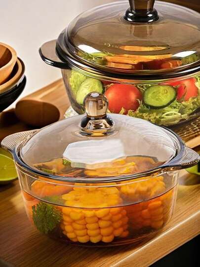 高品质新款茶色双耳汤锅创意沙拉碗家用商用带盖微波炉适用北欧风优雅水果玻璃碗拉面碗