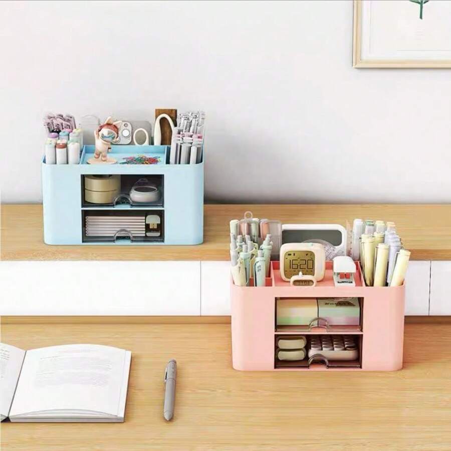 Desktop Organizer Storage Box With 2 Drawers Pen Makeup Storage Box Office Student Stationery - 彩色 - 查看 1