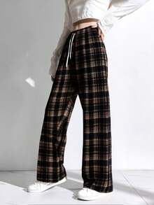 Pantalones largos de mujer, pantalones de cuadros estilo británico, casuales, nueva colección de verano 2025, pantalones rectos y holgados - Gris marrón negro - Ver 2